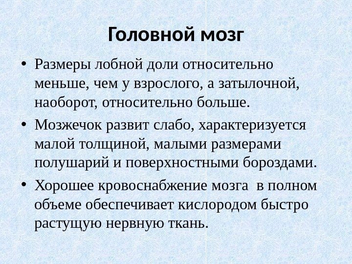 Головной мозг • Размеры лобной доли относительно меньше, чем у взрослого, а затылочной, 