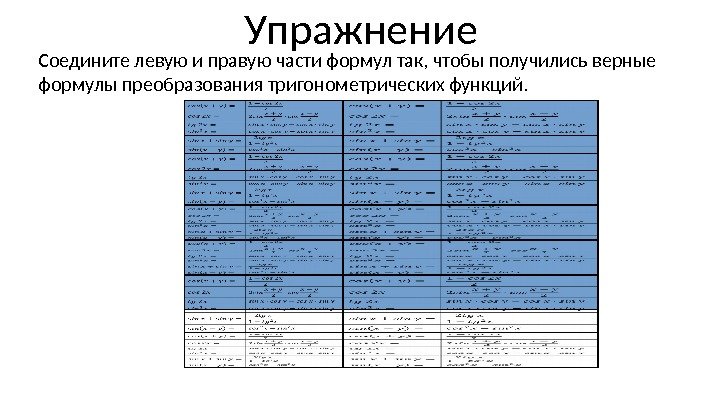 Упражнение Соедините левую и правую части формул так, чтобы получились верные формулы преобразования тригонометрических