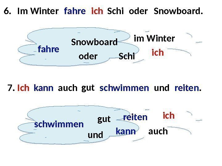 6. im Winter ich Schi. Snowboard fahre. Im Winter fahre ich Schi oder Snowboard.