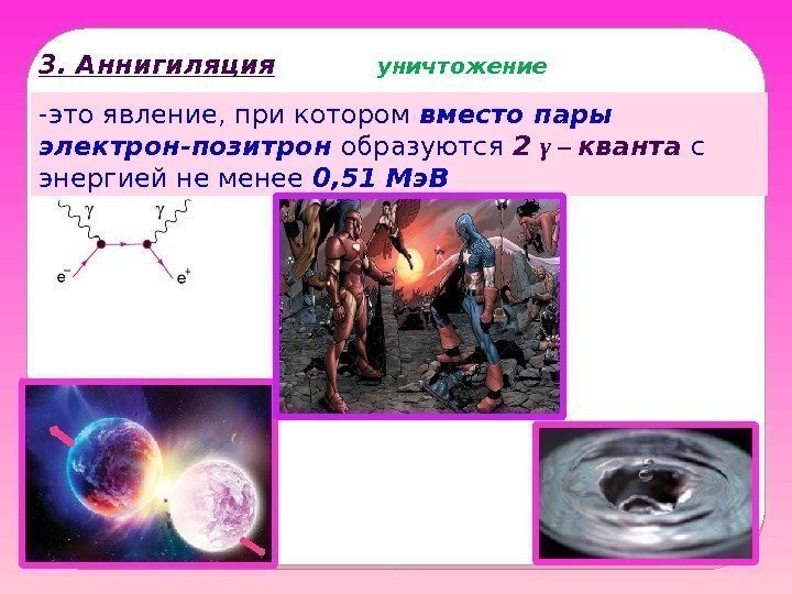 -это явление, при котором вместо пары электрон-позитрон образуются 2 γ – кванта с энергией