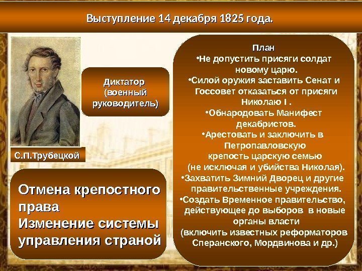 Выступление 14 декабря 1825 года. С. П. Трубецкой Диктатор (военный руководитель) План Отмена крепостного