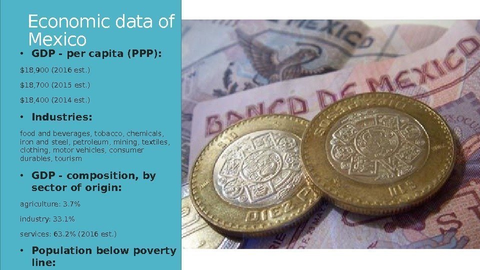 Economic data of Mexico • GDP - per capita (PPP): $18, 900 (2016 est.