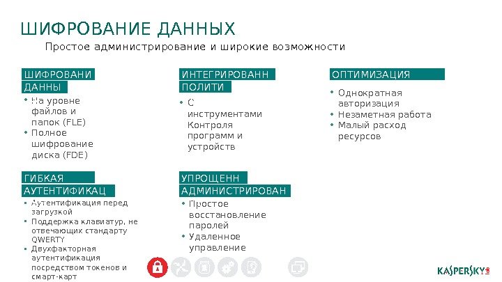 ШИФРОВАНИЕ ДАННЫХ Простое администрирование и широкие возможности • На уровне файлов и папок (FLE)