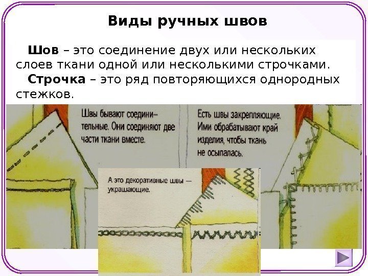 Виды ручных швов Шов – это соединение двух или нескольких слоев ткани одной или