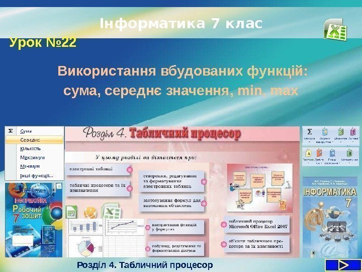 LOGOІнформатика 7 клас Урок № 22 Розділ 4. Табличний процесор  Використання вбудованих функцій: