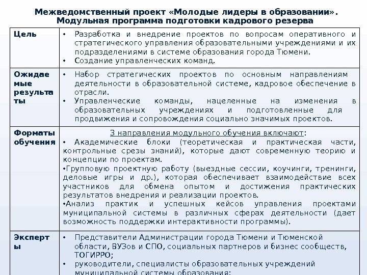 Межведомственный проект «Молодые лидеры в образовании» .  Модульная программа подготовки кадрового резерва Цель