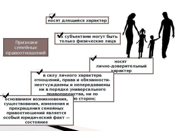  Признаки семейных правоотношений носят длящийся характер их субъектами могут быть только физические лица