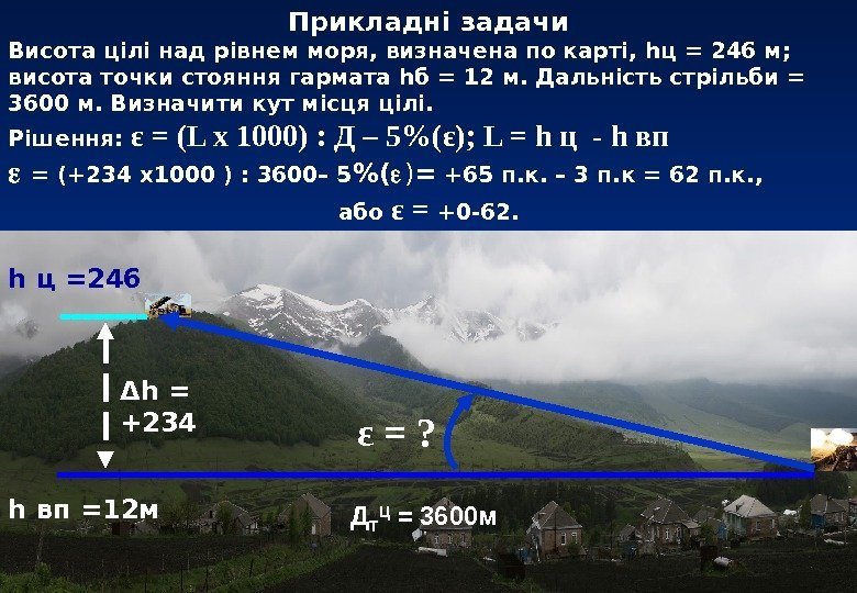   Прикладні задачи Висота цілі над рівнем моря, визначена по карті, hц =