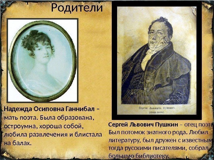 Родители Сергей Львович Пушкин – отец поэта.  Был потомок знатного рода. Любил литературу,