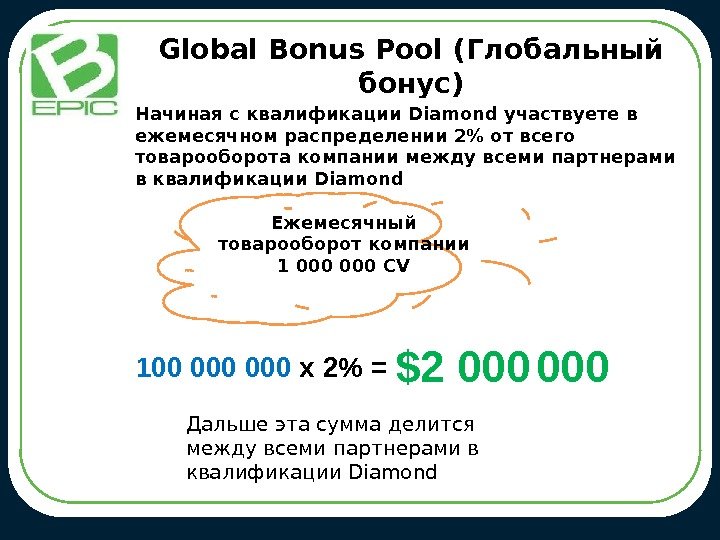Global Bonus Pool (Глобальный бонус) Начиная с квалификации Diamond участвуете в ежемесячном распределении 2