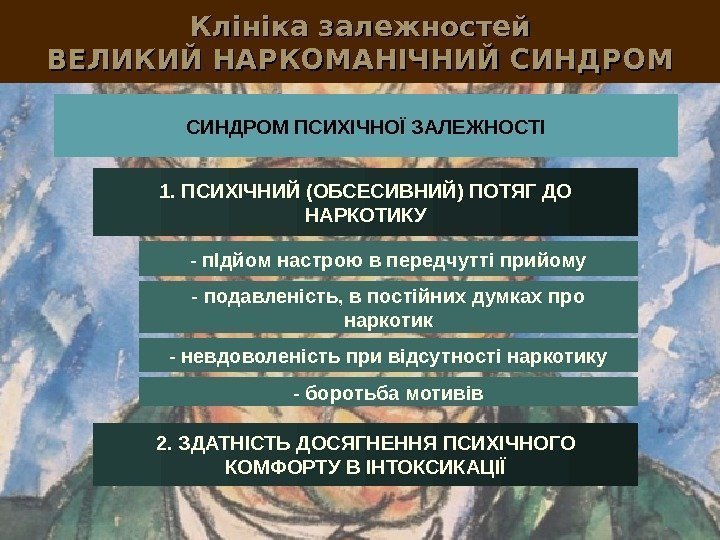 Клініка залежностей ВЕЛИКИЙ НАРКОМАНІЧНИЙ СИНДРОМ ПСИХІЧНОЇ ЗАЛЕЖНОСТІ 1. ПСИХІЧНИЙ (ОБСЕСИВНИЙ) ПОТЯГ ДО НАРКОТИКУ 2.