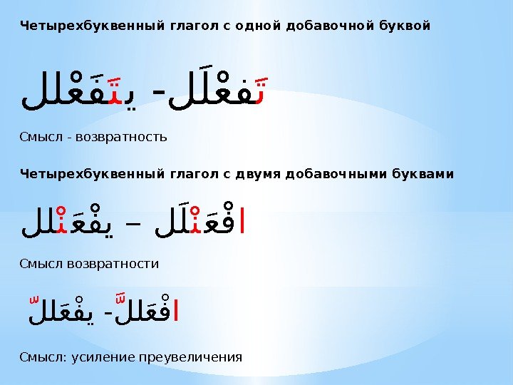 Четырехбуквенный глагол с одной добавочной буквой تعي -لل ع عففتعللعففع Смысл - возвратность Четырехбуквенный