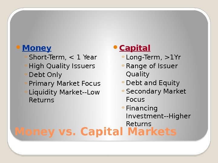 Money vs. Capital Markets Money ◦ Short-Term,  1 Year ◦ High Quality Issuers