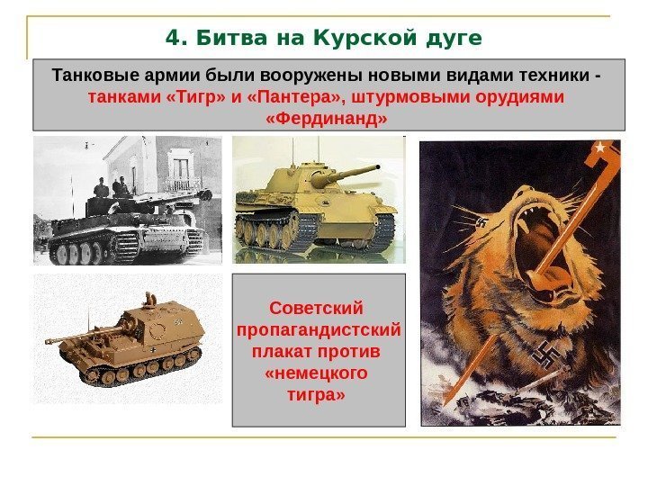 4. Битва на Курской дуге Танковые армии были вооружены новыми видами техники - танками