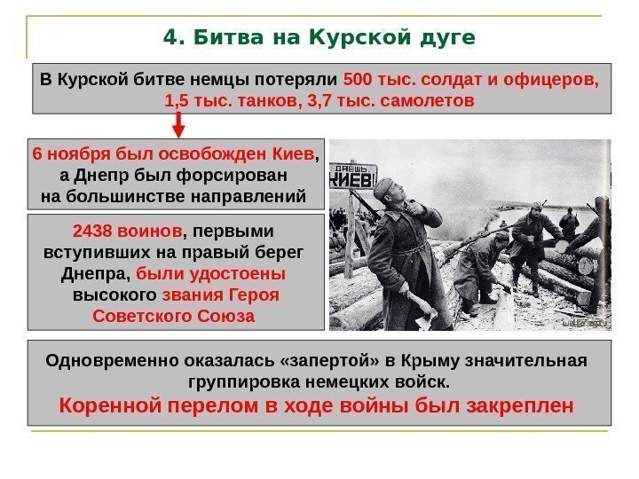 4. Битва на Курской дуге В Курской битве немцы потеряли 500 тыс. солдат и