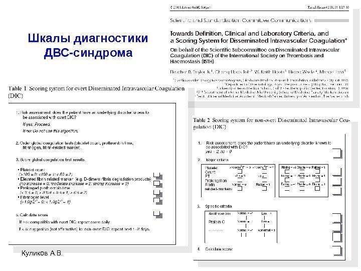 Шкалы диагностики ДВС-синдрома Куликов А. В. 