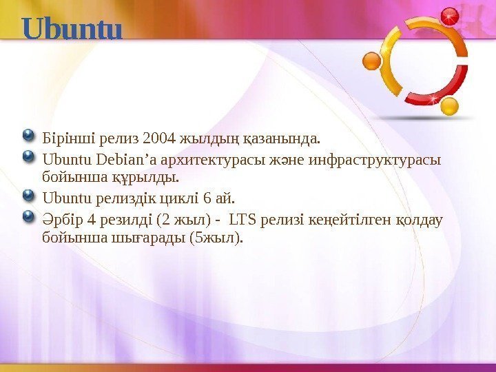 Ubuntu Бірінші релиз 2004 жылды  азанында. ң қ Ubuntu Debian’а архитектурасы ж не