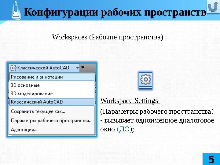 Workspace Settings (Параметры рабочего пространства) - вызывает одноименное диалоговое окно (ДО ); Workspaces 