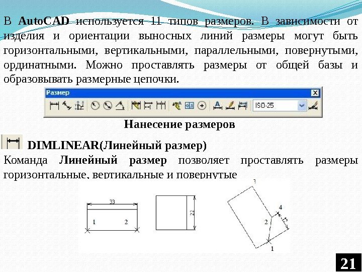 В Auto. CAD используется 11 типов размеров.  В зависимости от изделия и ориентации