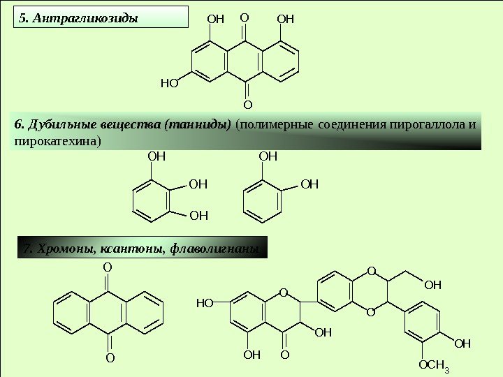 5. Антрагликозиды O O OHOH HO 6. Дубильные вещества (танниды) (полимерные соединения пирогаллола и 5. Антрагликозиды O O OHOH HO 6. Дубильные вещества (танниды) (полимерные соединения пирогаллола и