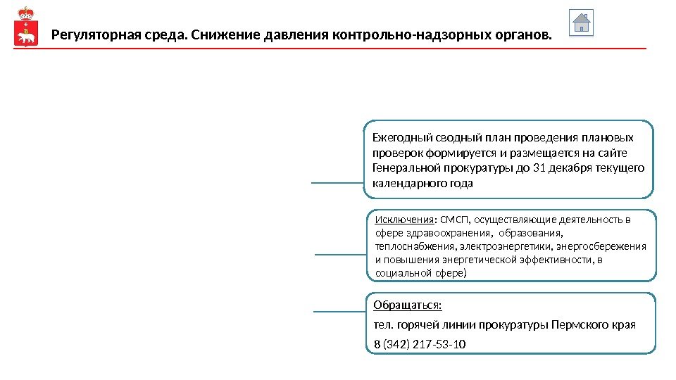 Регуляторная среда. Снижение давления контрольно-надзорных органов. Исключения : СМСП, осуществляющие деятельность в сфере здравоохранения,