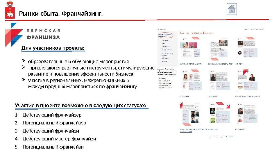 Рынки сбыта. Франчайзинг. Участие в проекте возможно в следующих статусах: 1. Действующий франчайзер 2.