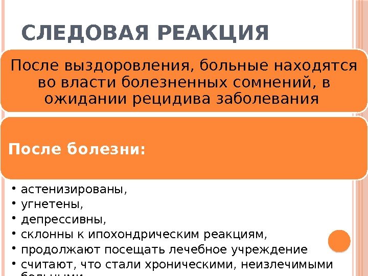 СЛЕДОВАЯ РЕАКЦИЯ После выздоровления, больные находятся во власти болезненных сомнений, в ожидании рецидива заболевания