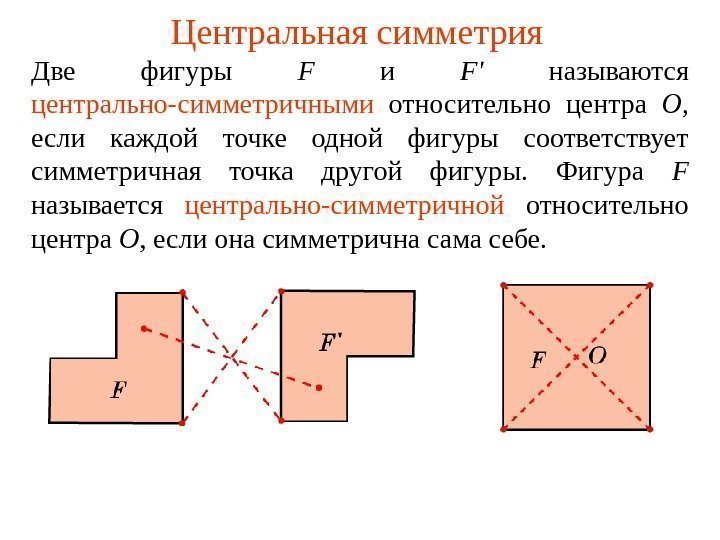 Центральная симметрия Две фигуры F  и F '  называются  центрально-симметричными 