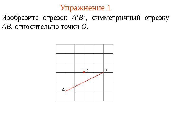 Упражнение 1 Изобразите отрезок A’B’ ,  симметричный отрезку AB , относительно точки O.