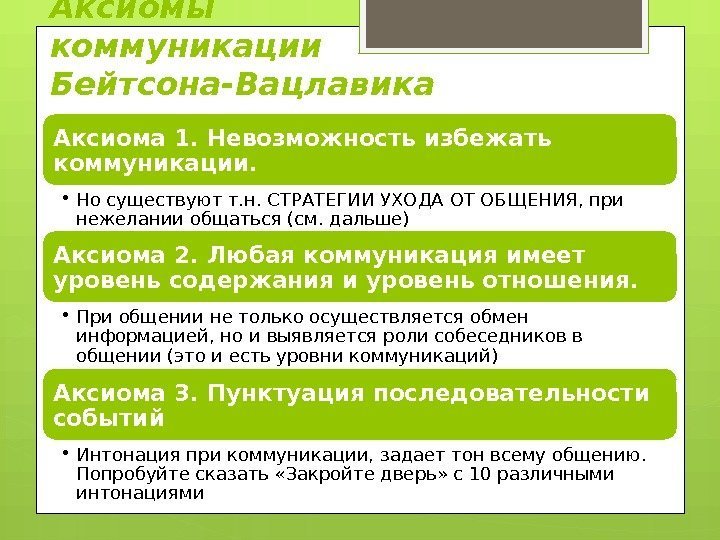 Аксиомы коммуникации Бейтсона-Вацлавика Аксиома 1. Невозможность избежать коммуникации.  • Но существуют т. н.