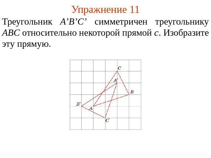 Упражнение 11 Треугольник A’B’C’  симметричен треугольнику ABC относительно некоторой прямой c. Изобразите эту