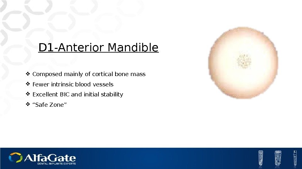 D 1 -Anterior Mandible Composed mainly of cortical bone mass Fewer intrinsic blood vessels