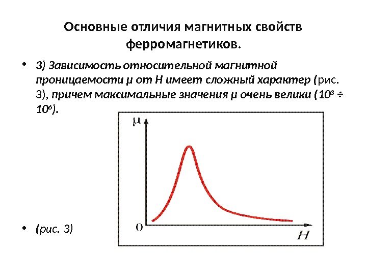 Основные отличия магнитных свойств ферромагнетиков.  • 3) Зависимость относительной магнитной проницаемости μ от