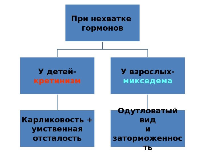 При нехватке гормонов У детей- кретинизм Карликовость + умственная отсталость У взрослых- микседема Одутловатый