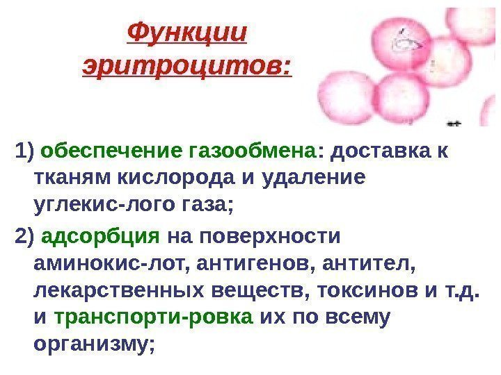   Функции эритроцитов: 1) обеспечение газообмена : доставка к тканям кислорода и удаление