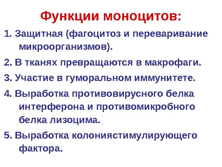   Функции моноцитов: 1. Защитная (фагоцитоз и переваривание микроорганизмов). 2. В тканях превращаются