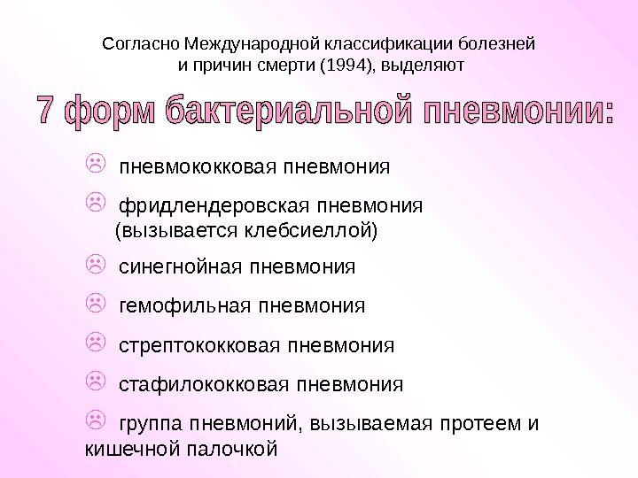   пневмококковая пневмония фридлендеровская пневмония  (вызывается клебсиеллой) синегнойная пневмония гемофильная пневмония стрептококковая