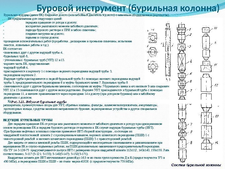  Бурильнаяколонна(далее. БК)соединяетдолото(илизабойныйдвигательидолото)сназемнымоборудованием(вертлюгом).  БКпредназначенадляследующихцелей: - передачивращенияотроторакдолоту; - восприятияреактивногомоментазабойногодвигателя; - подводабуровогорастворак. ПРИизабоюскважины; - созданиянагрузкинадолото;