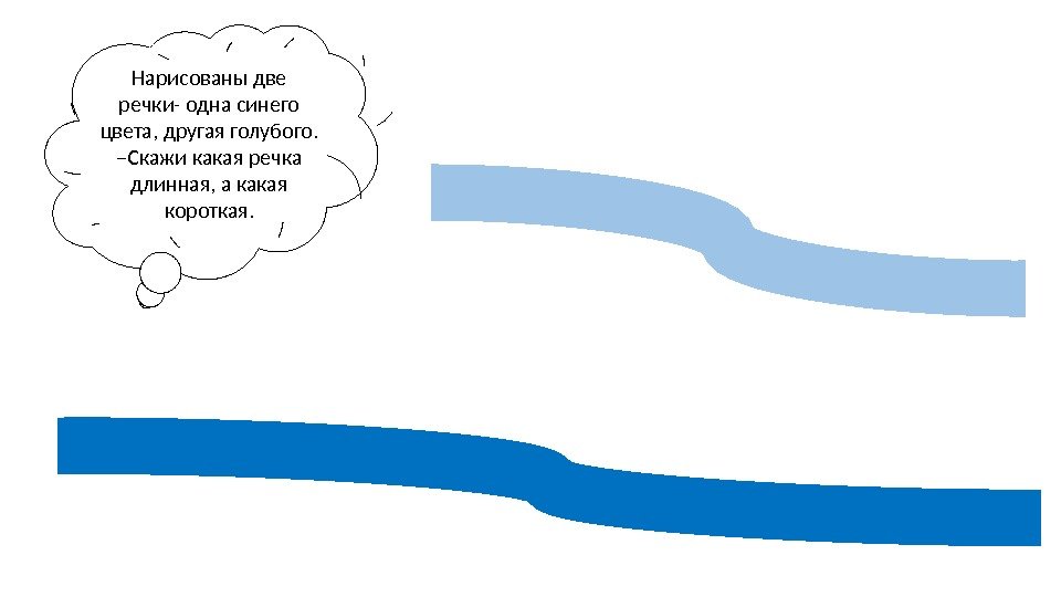 Нарисованы две речки- одна синего цвета, другая голубого.  –Скажи какая речка длинная, а