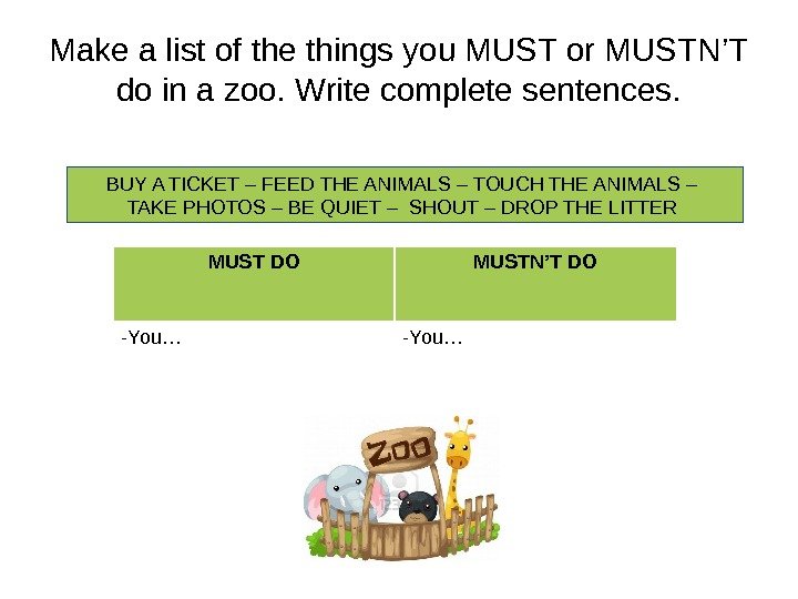 Make a list of the things you MUST or MUSTN’T do in a zoo.