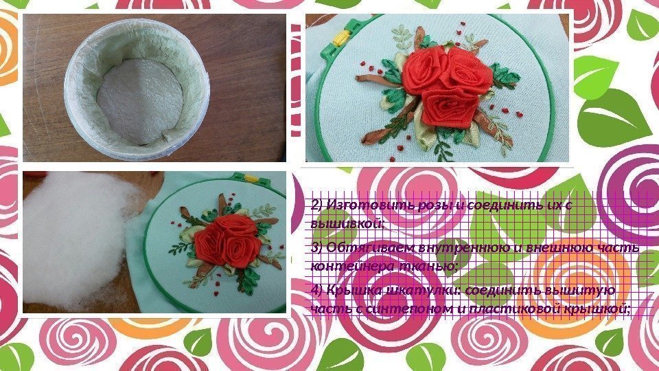 2) Изготовить розы и соединить их с вышивкой; 3) Обтягиваем внутреннюю и внешнюю часть