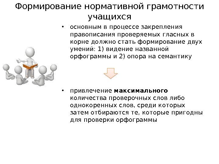 Формирование нормативной грамотности учащихся • основным в процессе закрепления правописания проверяемых гласных в корне