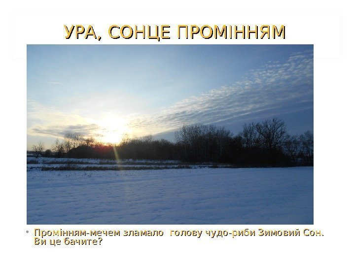 УРА, СОНЦЕ ПРОМІННЯМ  • Промінням-мечем зламало голову чудо-риби Зимовий Сон.  Ви це