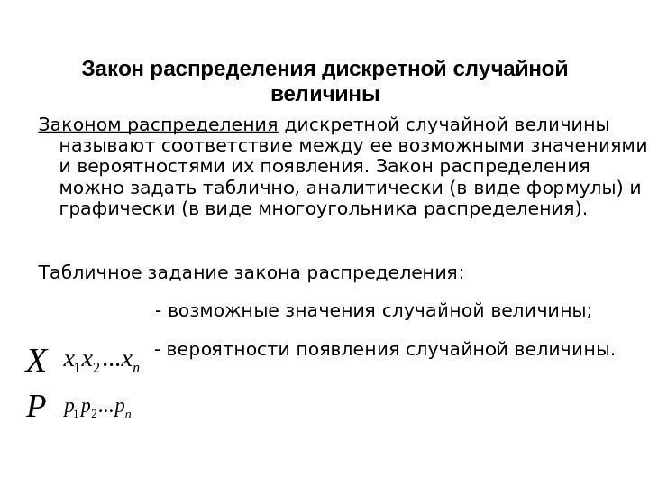 Закон распределения дискретной случайной величины Законом распределения дискретной случайной величины называют соответствие между ее