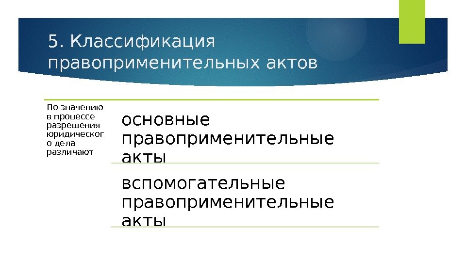 5. Классификация правоприменительных актов По значению в процессе разрешения юридическог о дела различают основные