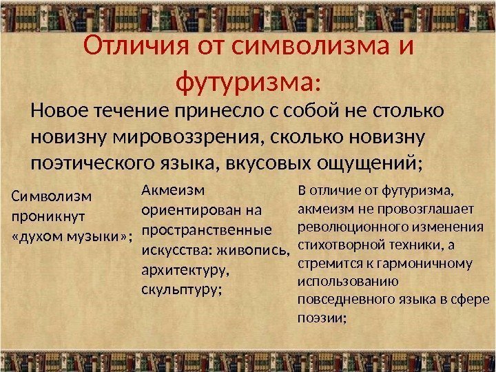 Отличия от символизма и футуризма : Новое течение принесло с собой не столько новизну