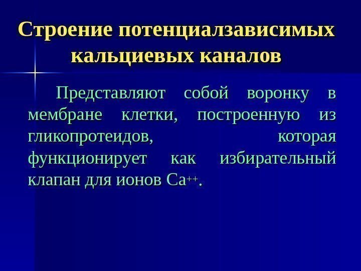 Строение потенциалзависимых кальциевых каналов Представляют собой воронку в мембране клетки,  построенную из гликопротеидов,