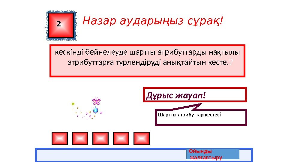 Назар аударыңыз сұрақ! кескінді бейнелеуде шартгы атрибуттарды нақтылы атрибуттарға түрлендіруді анықтайтын кесте. ? 2