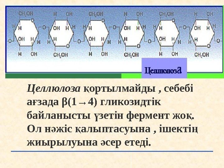 Целлюлоза  ортылмайды , қ себебі а зада ғ β (1 → 4) гликозидтік