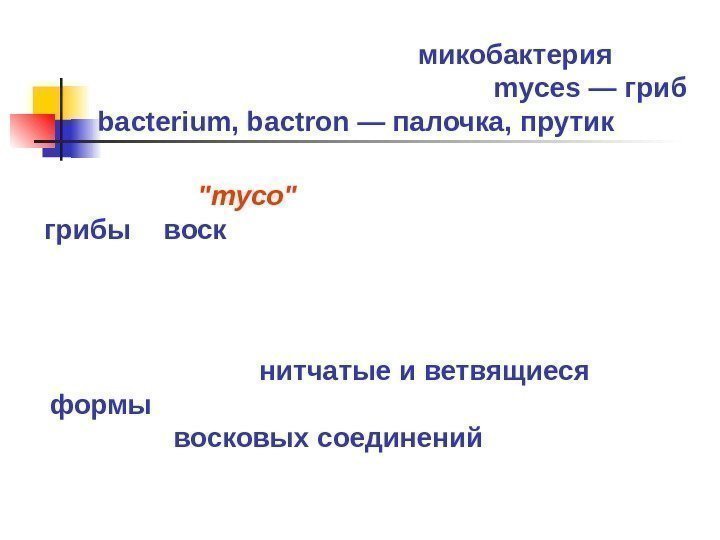 Этимологически слово « микобактерия »  происходит из греческих слов myces — гриб и